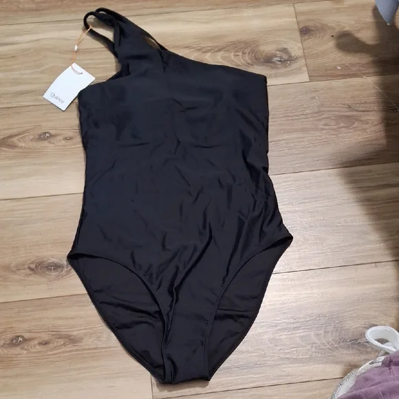 Quince Italian One Shoulder One-Piece Swimsuit Black M NWT - Picture 3 of 5
